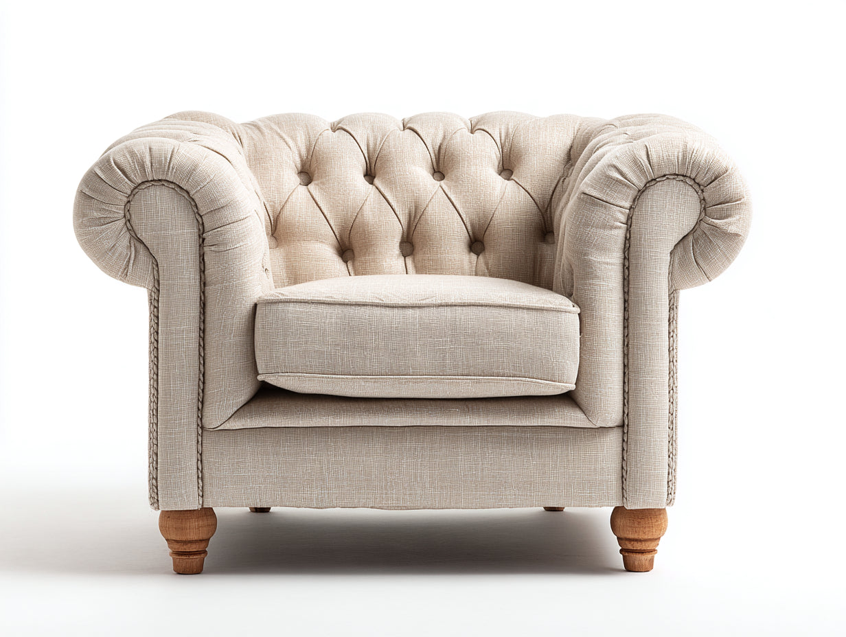 Sillones tapizados estilo Chesterfield 112x92x78 cm - Beige-Natural - Diseño clásico para salón y dormitorio