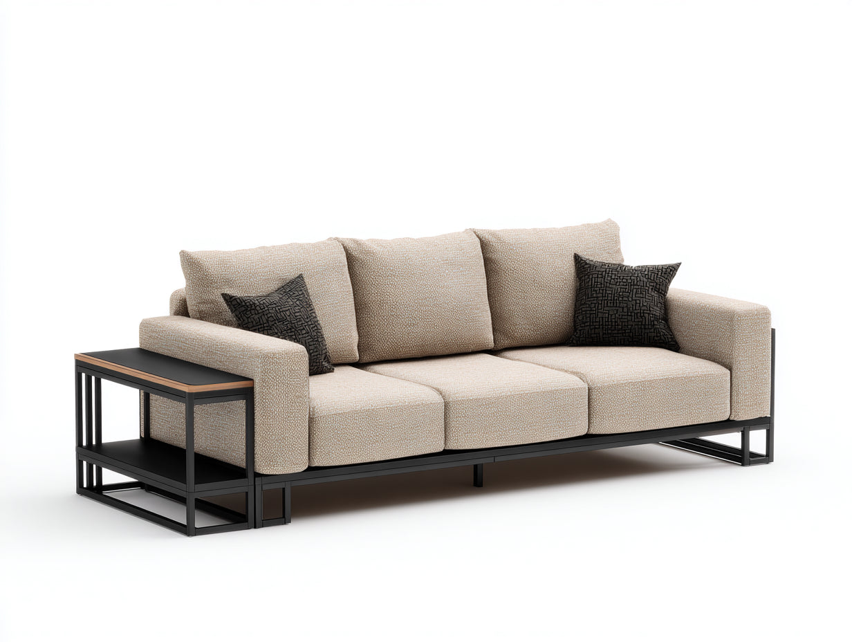 Sofás 3 plazas de tela 220x88x82 cm - beige-negro - diseño moderno con mesa auxiliar