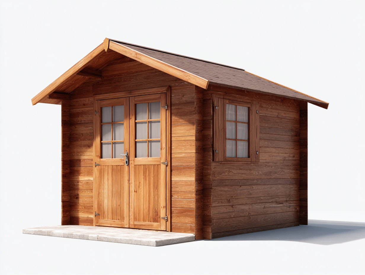 Casetas de jardín 320x260x245 cm - madera marrón y techo oscuro para exterior - estilo rústico con puerta doble