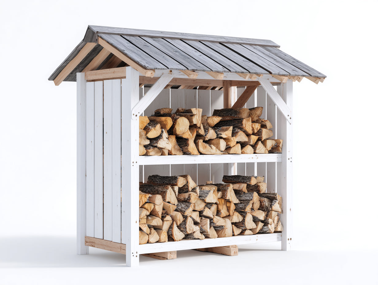 Leñero de jardín de madera 150x65x150 cm - blanco-gris natural - diseño con tejado protector