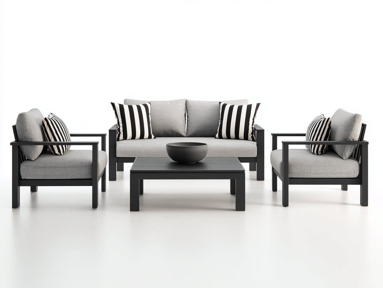 Sofás de exterior metal 210x75x78 cm gris y negro - conjunto moderno con mesa