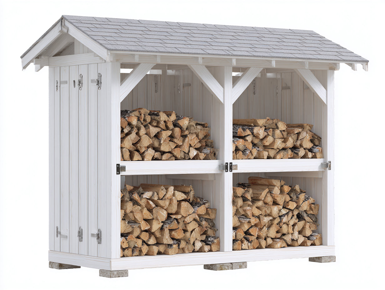 Leñero de jardín madera 200x75x175 cm blanco y gris - diseño exterior con cubierta
