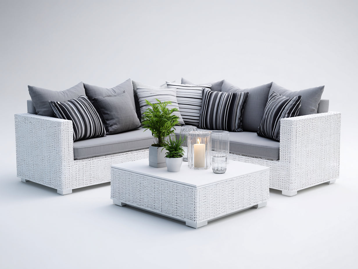 Sofás de exterior de ratán sintético 240x240x70 cm - blanco-gris - diseño esquinero con mesa