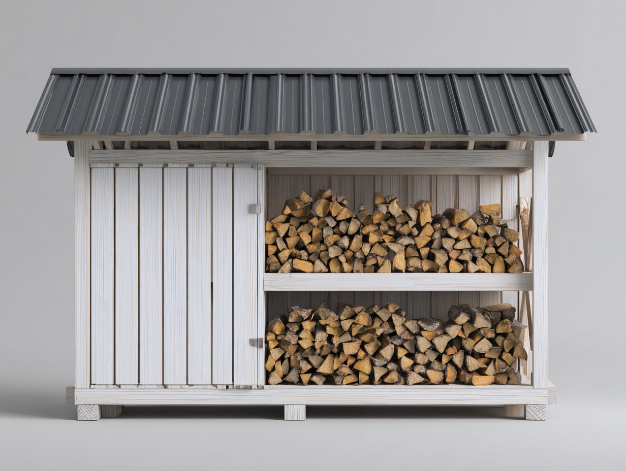 Leñero de jardín madera 190x70x155 cm blanco y gris - diseño exterior con cubierta metálica