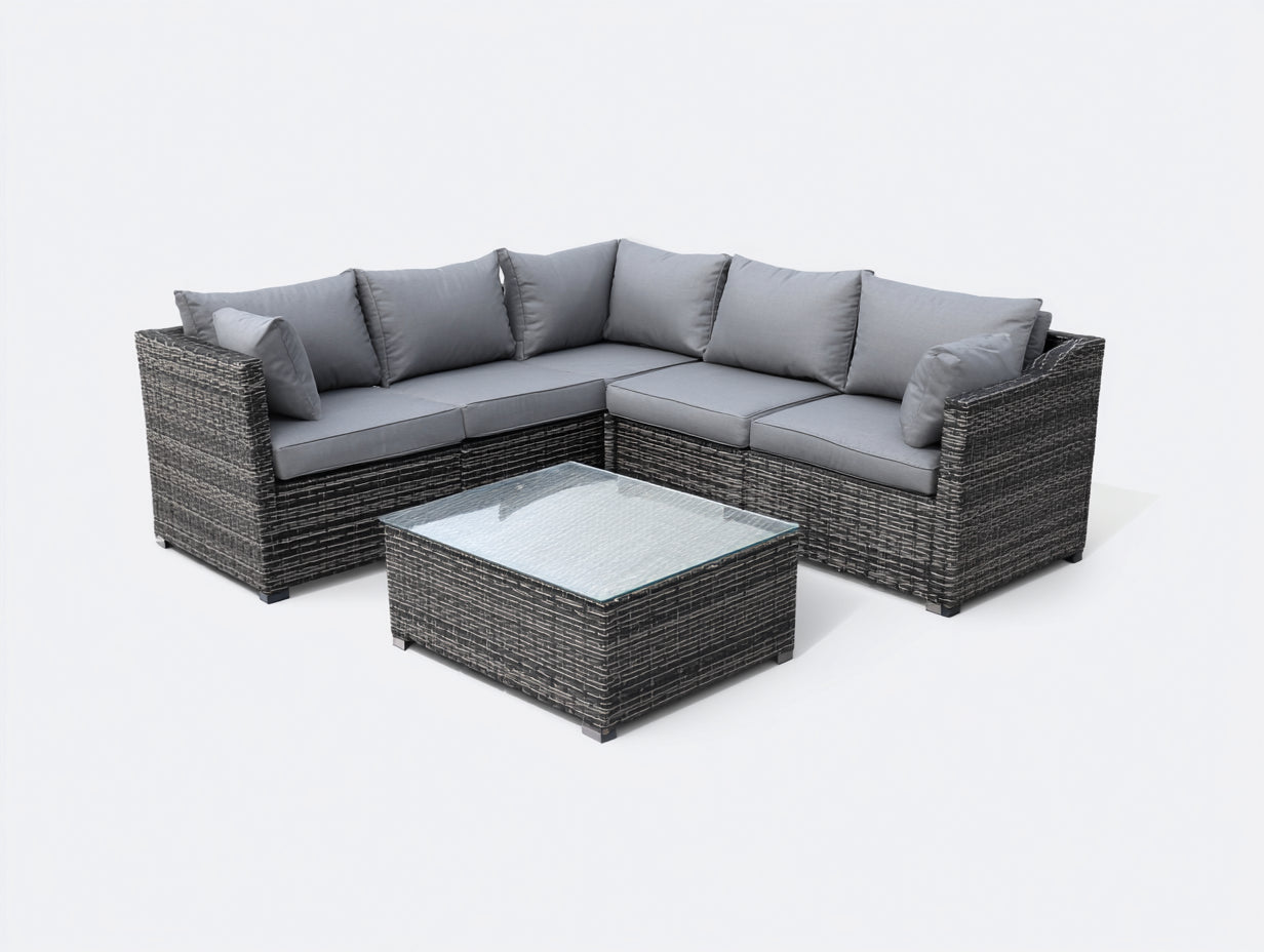 Sofás de exterior de ratán 245x245x78 cm - Gris oscuro-Gris claro - Conjunto esquinero con mesa para terraza y jardín
