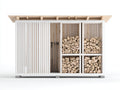 Leñero de jardín de madera 220 x 55 x 160 cm - blanco y madera natural - con techo amplio