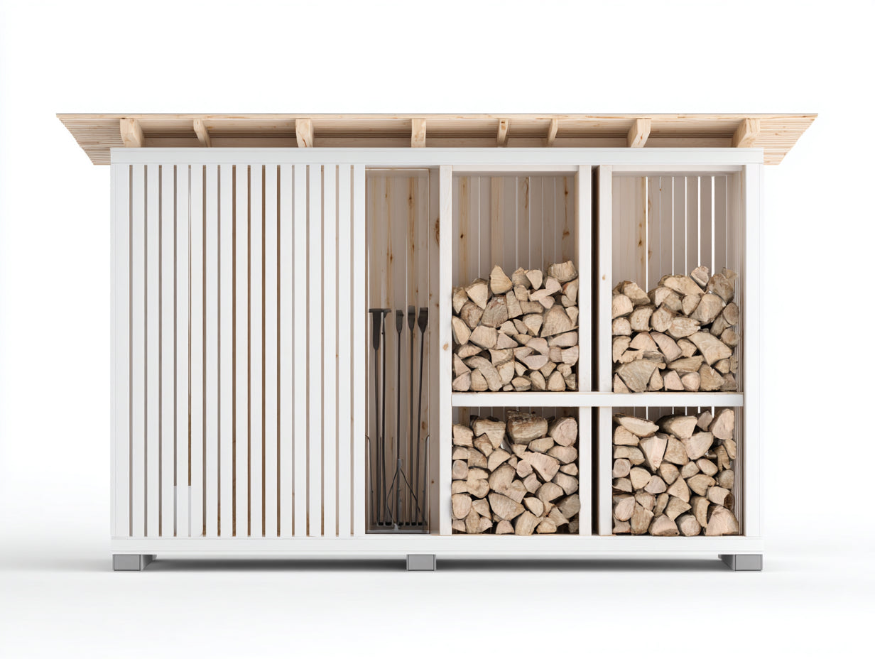 Leñero de jardín de madera 220 x 55 x 160 cm - blanco y madera natural - con techo amplio